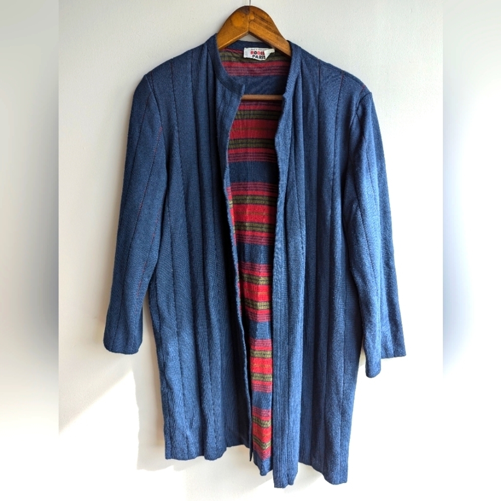 Rodier Paris blue layered open cardigan academia career office women size M